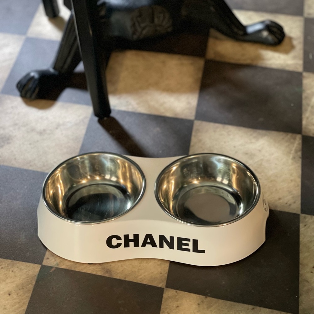 White Chanel Double Feeder Dog Bowl